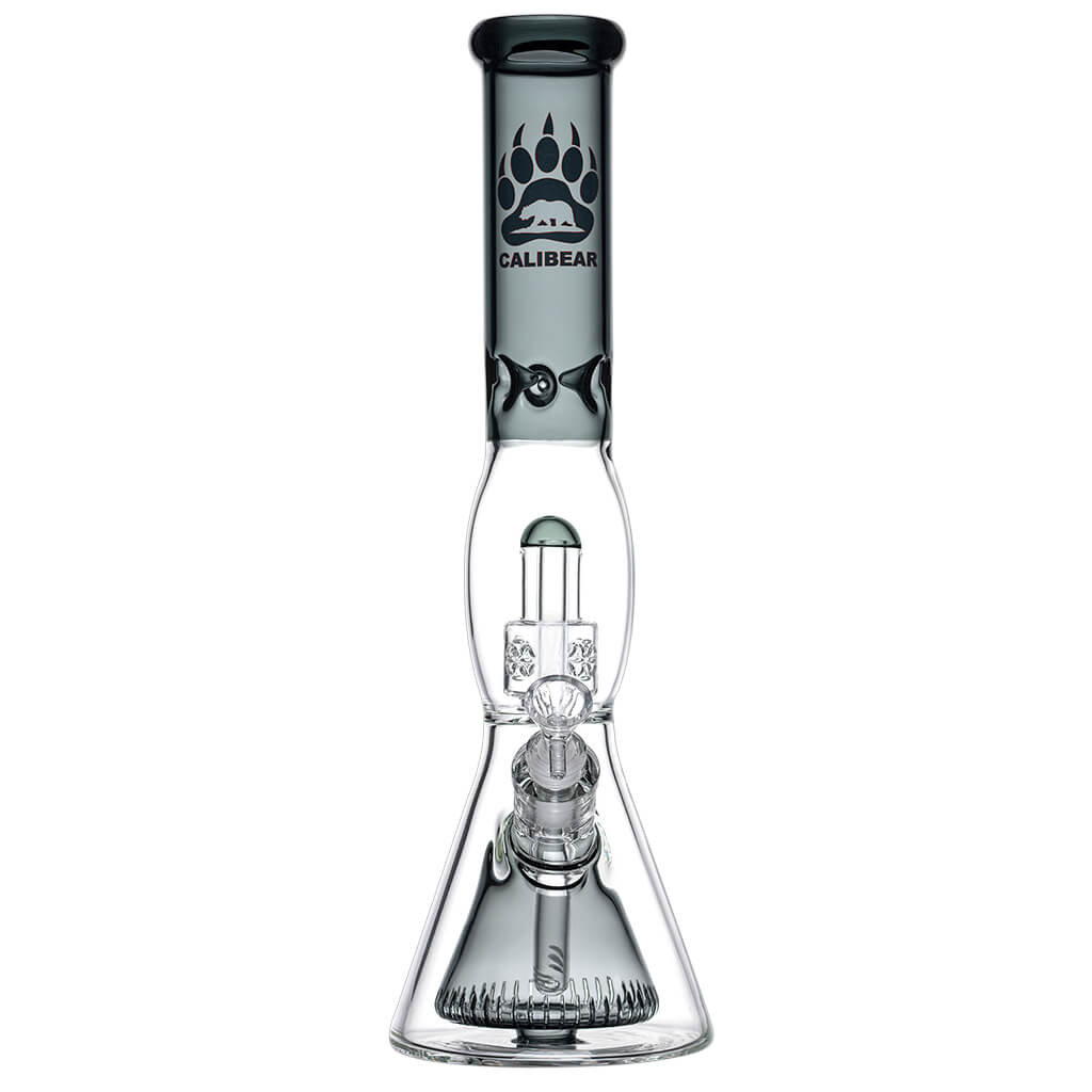 Calibear 16 inch Sol Collins Beaker Bong featuring a Collins downstem percolator, quad Seed of Life (SOL) perc, and smoke-tinted glass accents.