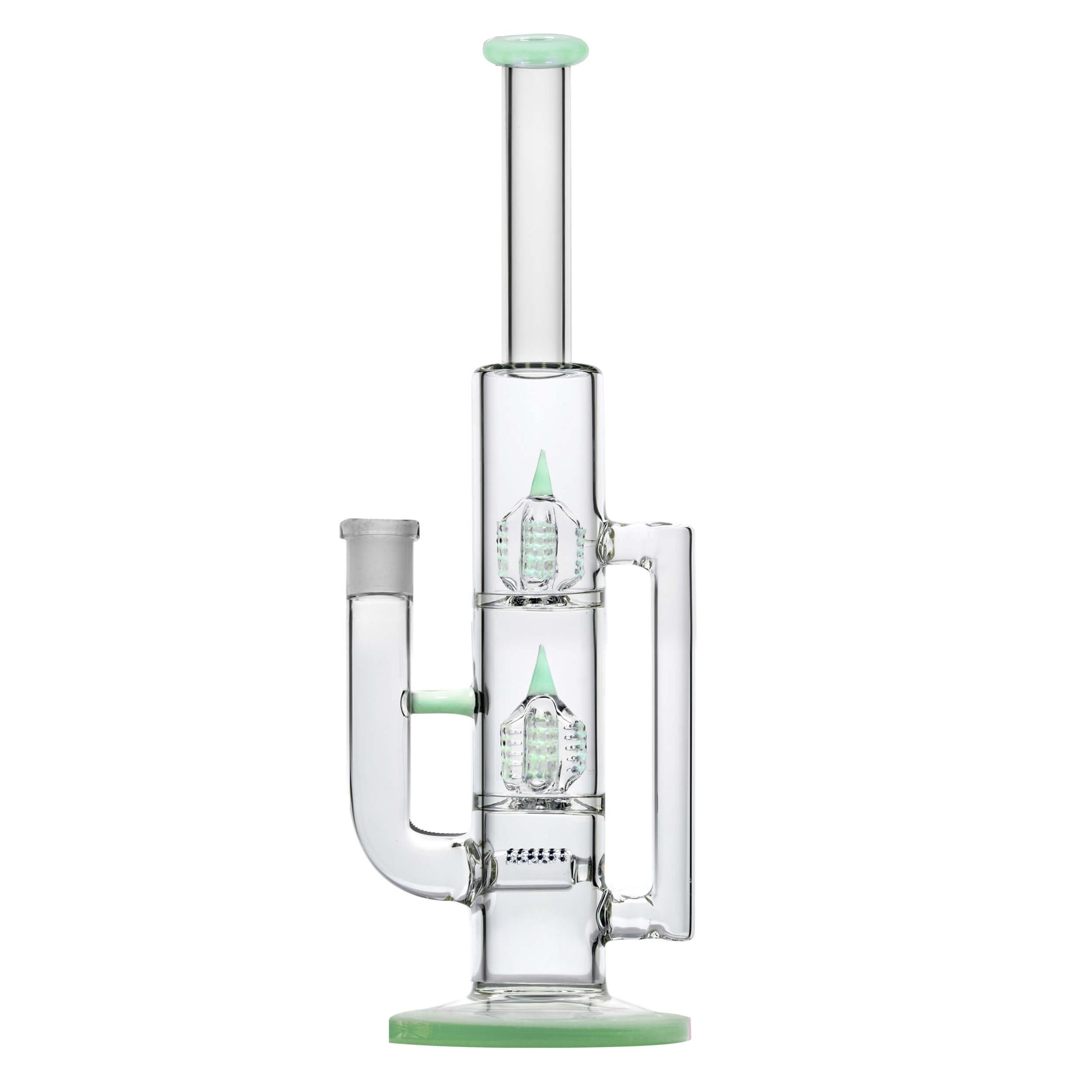 Calibear 16 inch Treecycler glass water pipe with dual internal treecycler percolators, kingstem perc, and lime green accents.