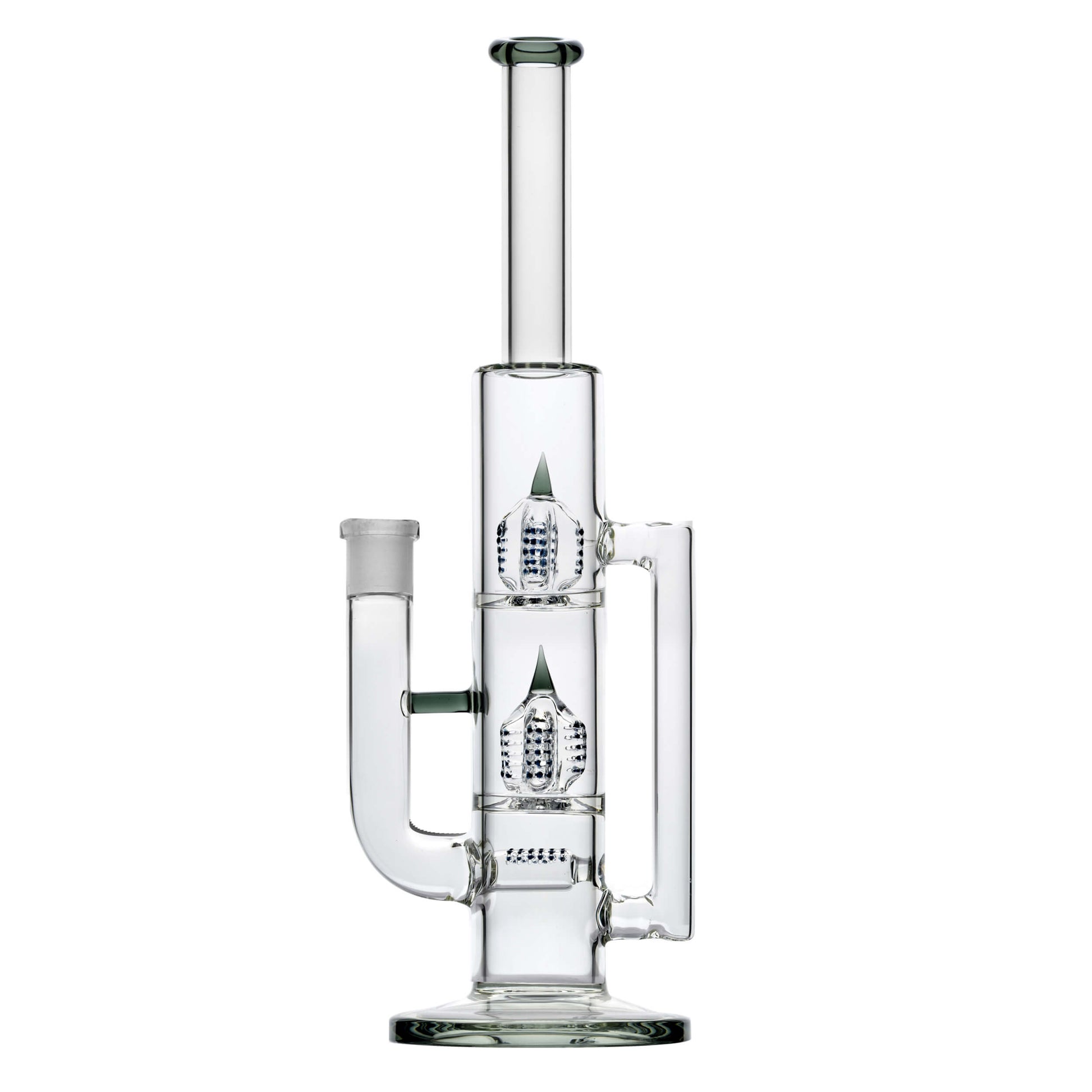 Calibear 16 inch Treecycler glass water pipe with dual internal treecycler percolators, kingstem perc, and lime green accents.