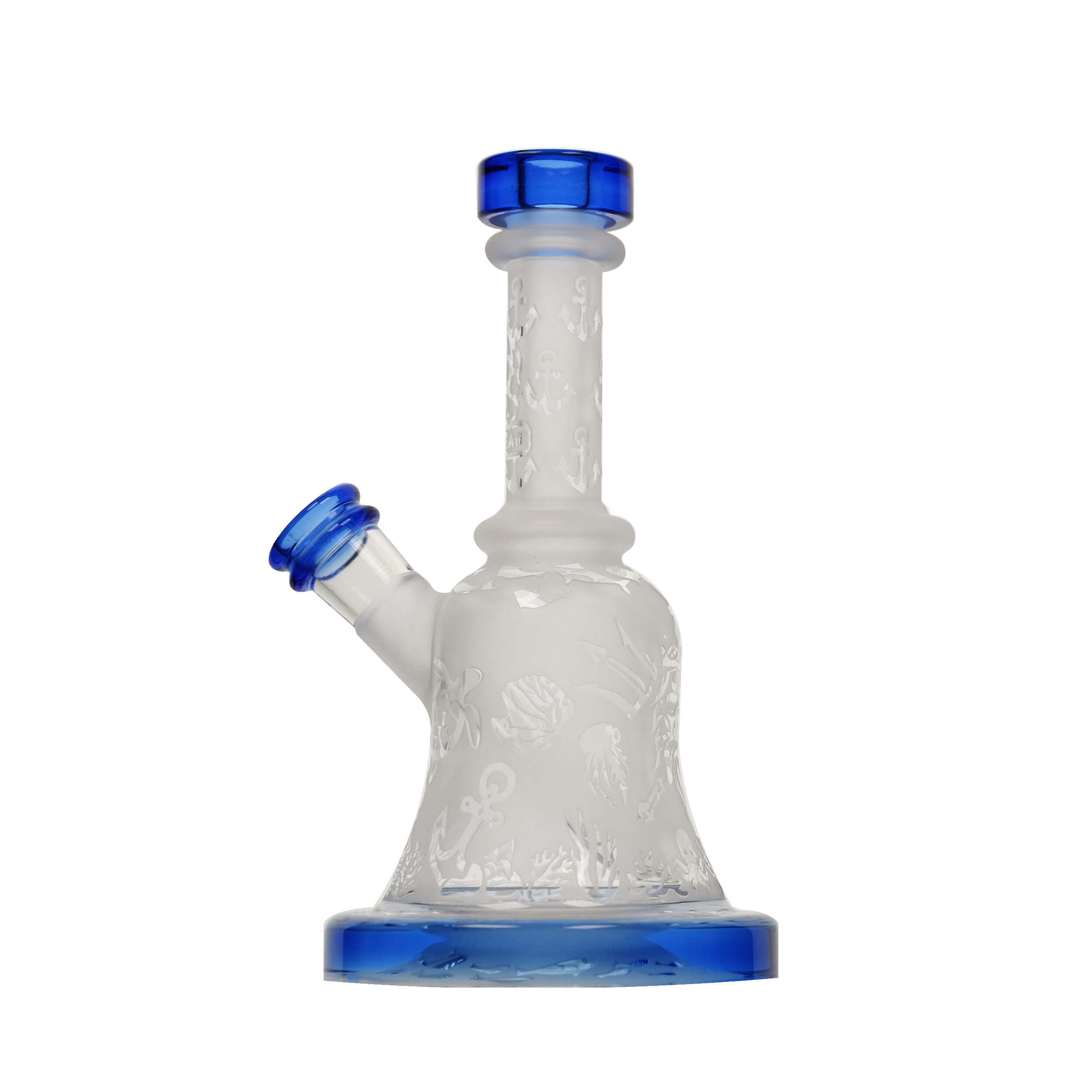 Calibear Premium frosted glass bell rig featuring deep sandblasted ocean nautical patterns and a high-performance Flower of Life percolator.