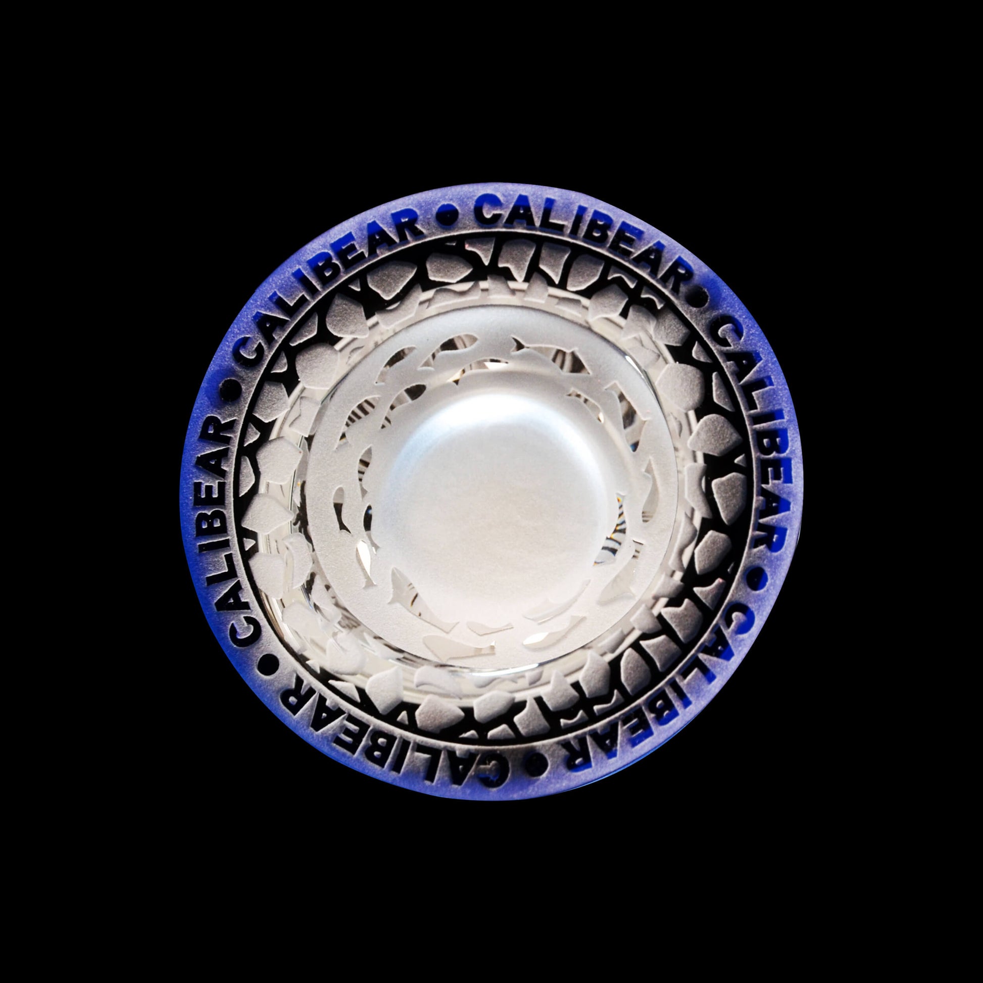 Calibear Premium frosted glass bell rig featuring deep sandblasted ocean nautical patterns and a high-performance Flower of Life percolator.