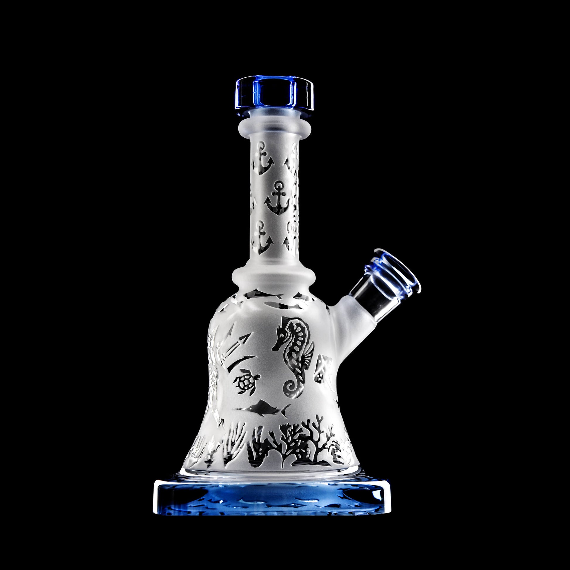 Calibear Premium frosted glass bell rig featuring deep sandblasted ocean nautical patterns and a high-performance Flower of Life percolator.