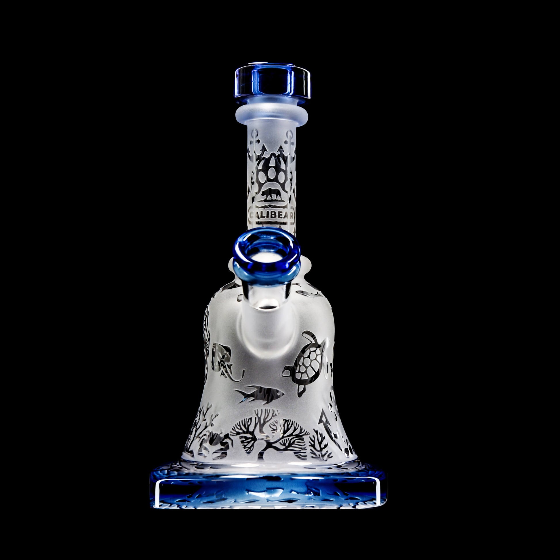 Calibear Premium frosted glass bell rig featuring deep sandblasted ocean nautical patterns and a high-performance Flower of Life percolator.