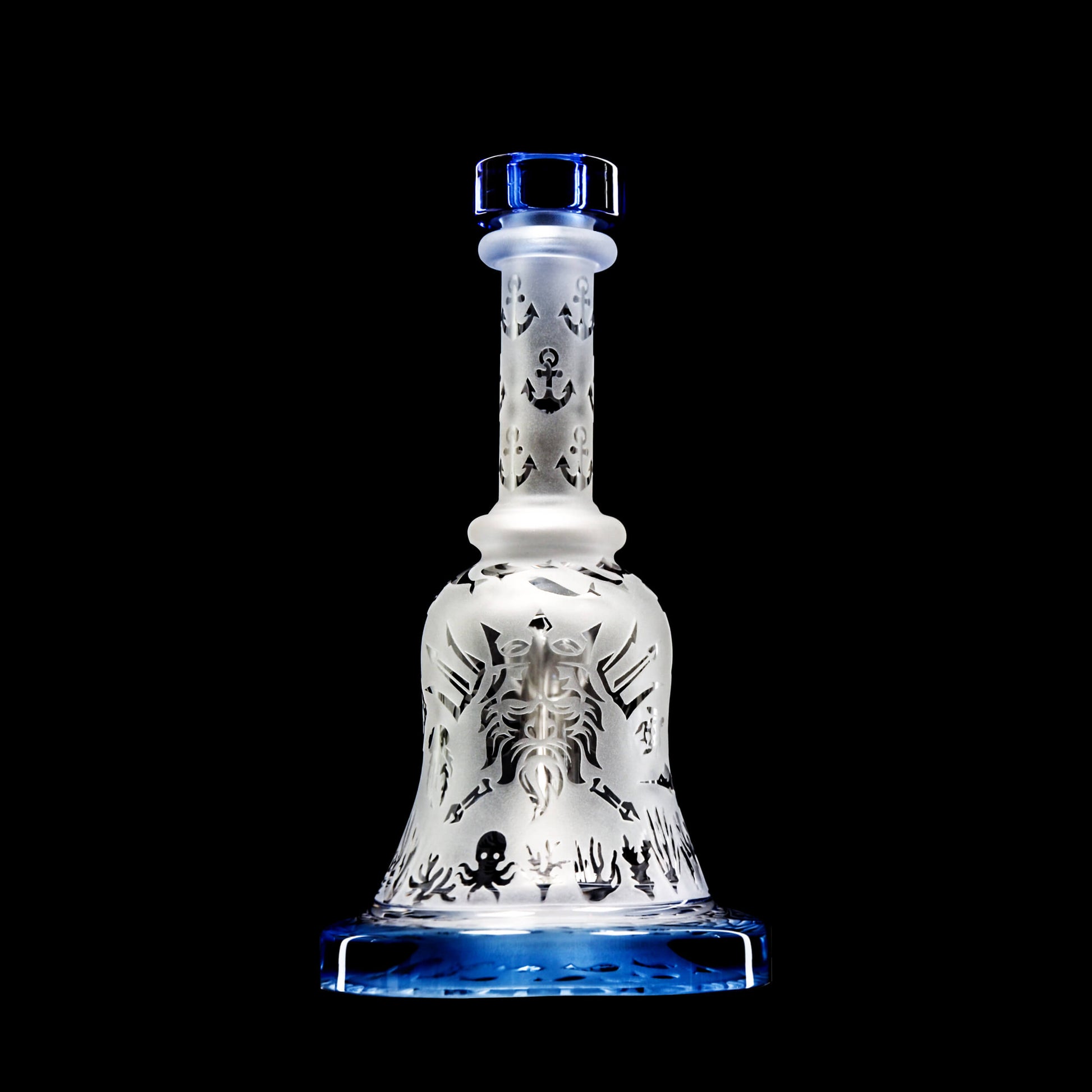 Calibear Premium frosted glass bell rig featuring deep sandblasted ocean nautical patterns and a high-performance Flower of Life percolator.