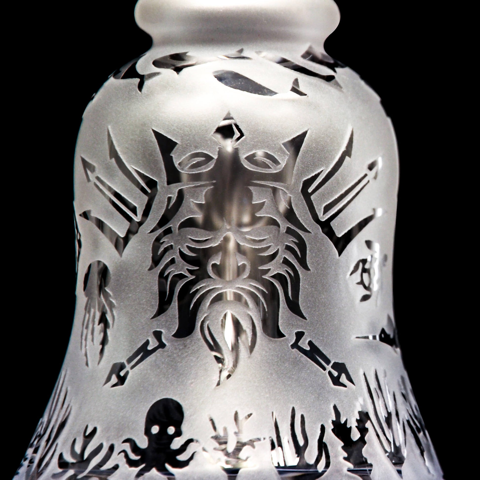 Calibear Premium frosted glass bell rig featuring deep sandblasted ocean nautical patterns and a high-performance Flower of Life percolator.