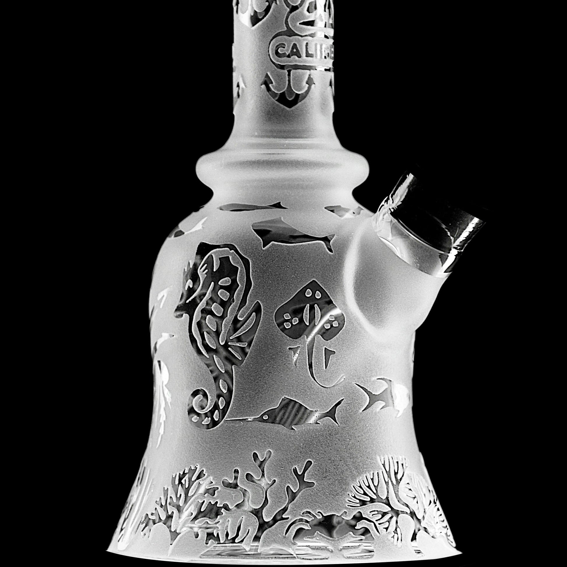 Calibear Premium frosted glass bell rig featuring deep sandblasted ocean nautical patterns and a high-performance Flower of Life percolator.