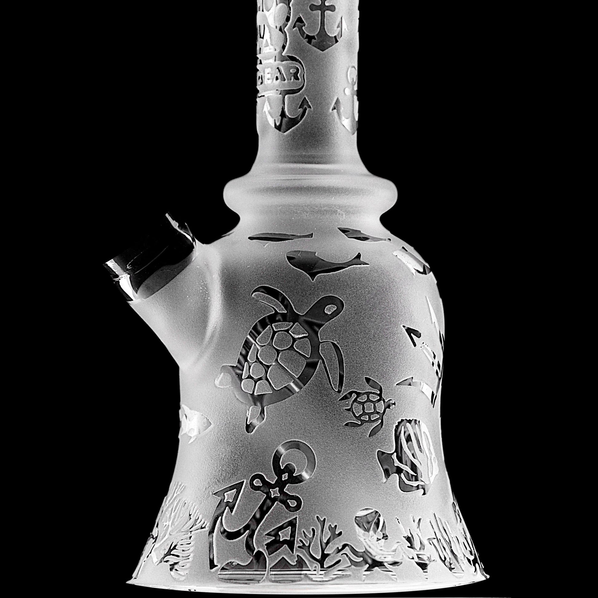 Calibear Premium frosted glass bell rig featuring deep sandblasted ocean nautical patterns and a high-performance Flower of Life percolator.
