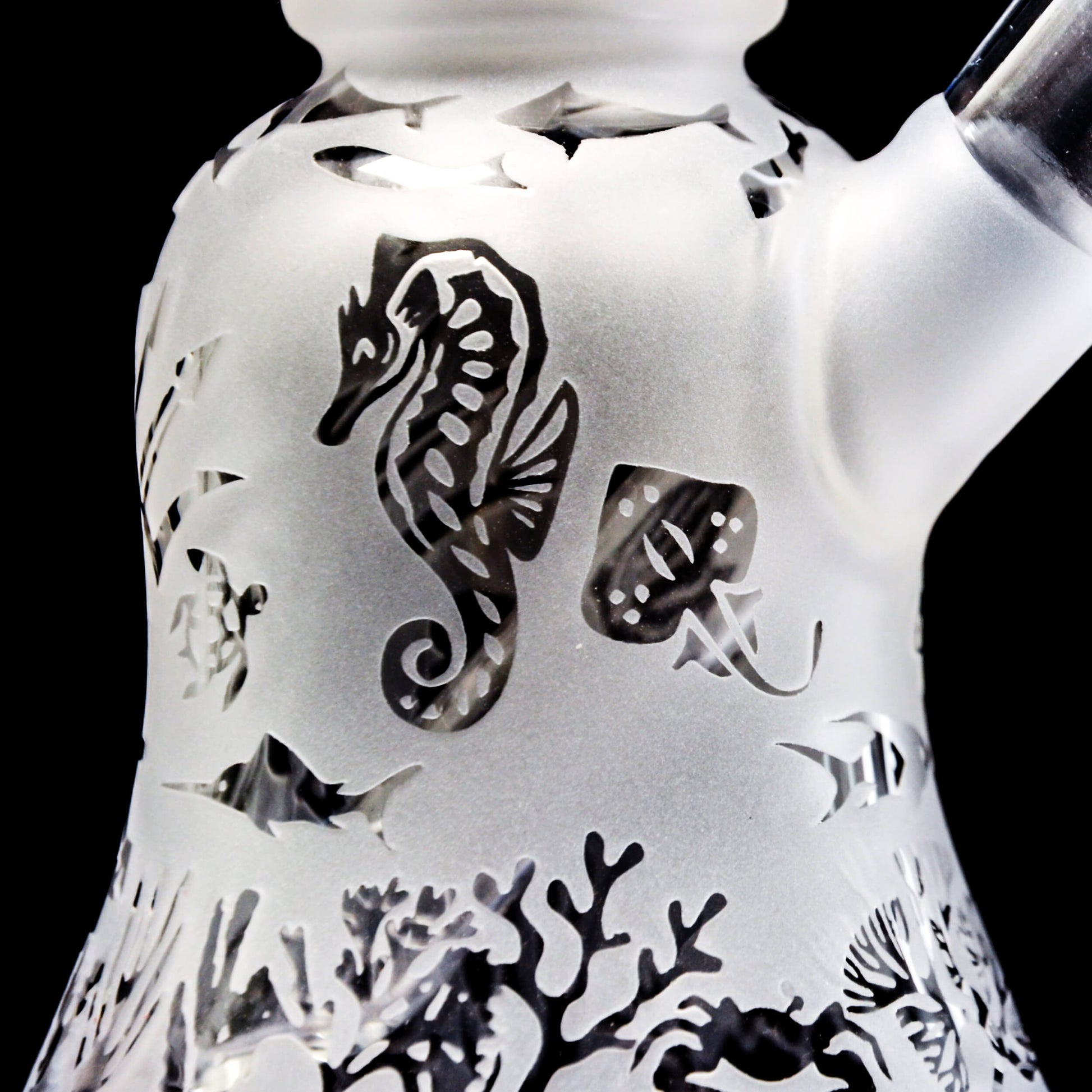 Calibear Premium frosted glass bell rig featuring deep sandblasted ocean nautical patterns and a high-performance Flower of Life percolator.
