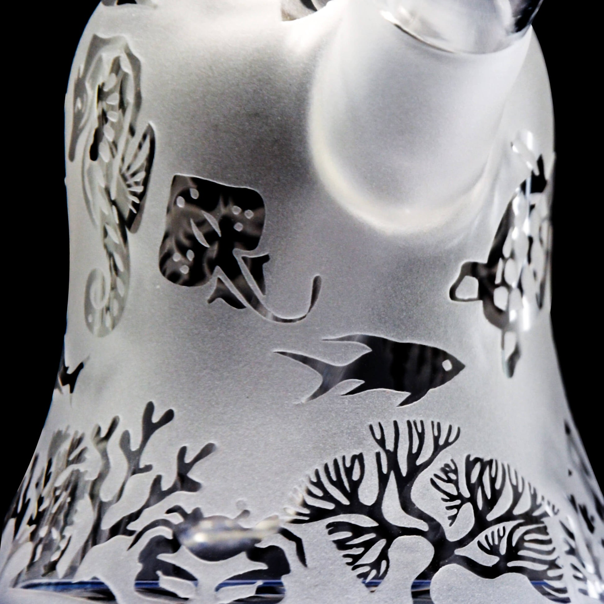 Calibear Premium frosted glass bell rig featuring deep sandblasted ocean nautical patterns and a high-performance Flower of Life percolator.