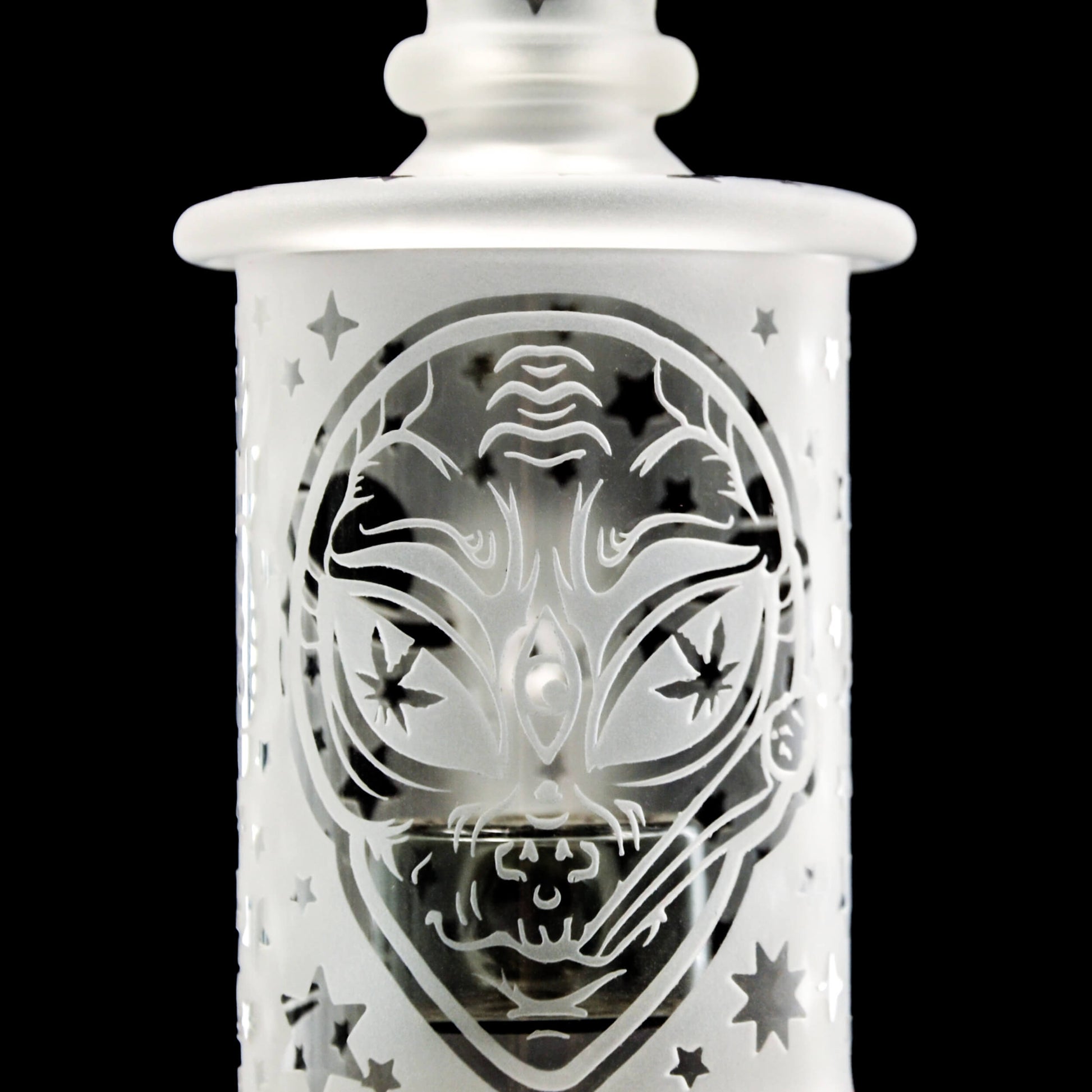 Calibear Premium frosted glass dab rig with deep sandblasted spaceship and star patterns featuring a Flower of Life percolator.