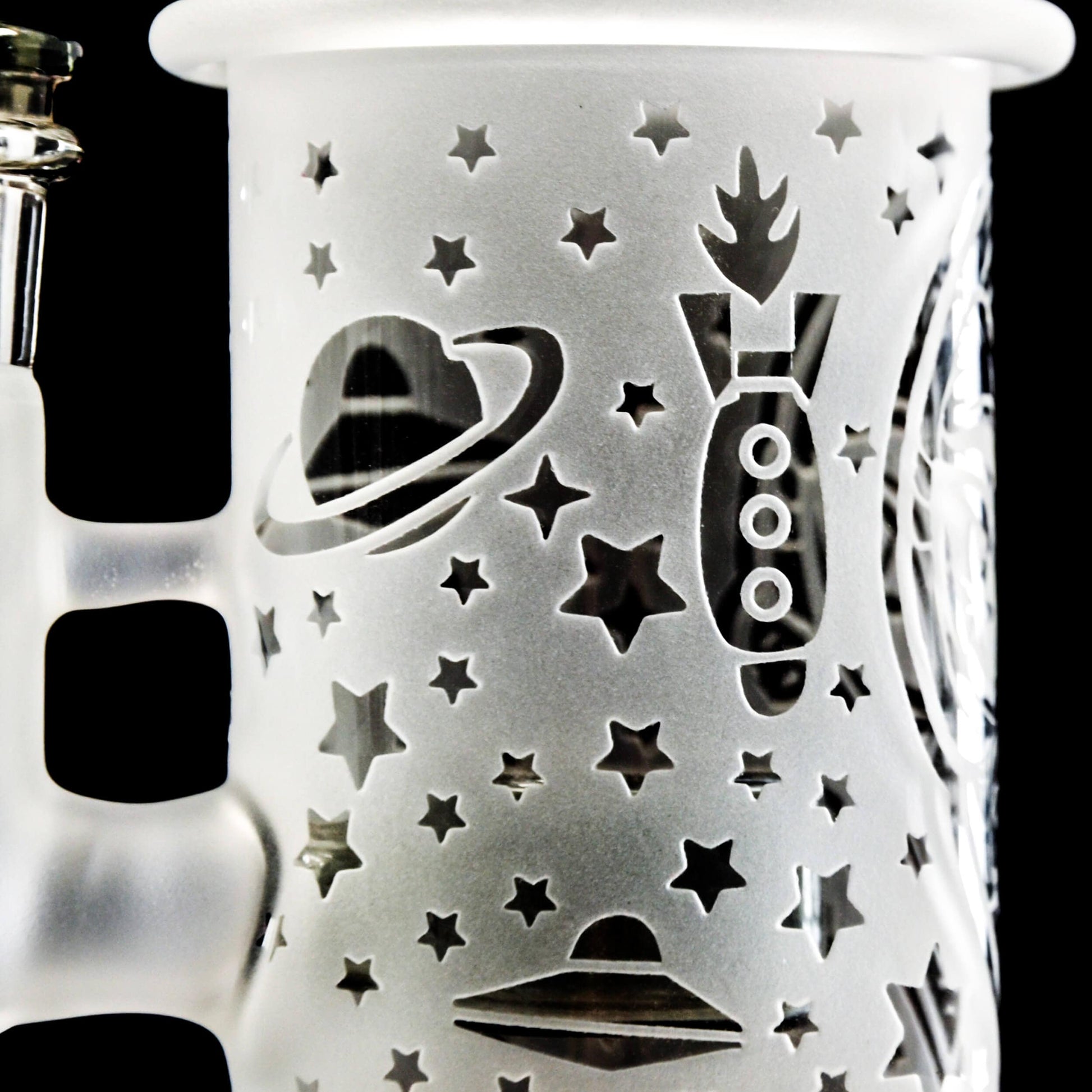 Calibear Premium frosted glass dab rig with deep sandblasted spaceship and star patterns featuring a Flower of Life percolator.