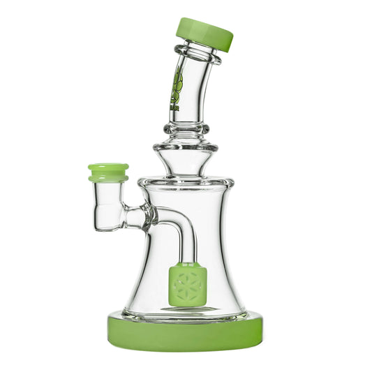 Calibear Milky Green SOL Dab Rig with dual Seed of Life percs, 6.1 inch compact borosilicate glass body, and matching color accents