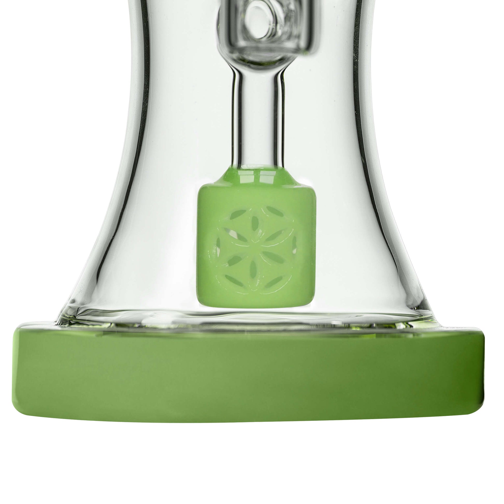 Calibear Milky Green SOL Dab Rig with dual Seed of Life percs, 6.1 inch compact borosilicate glass body, and matching color accents
