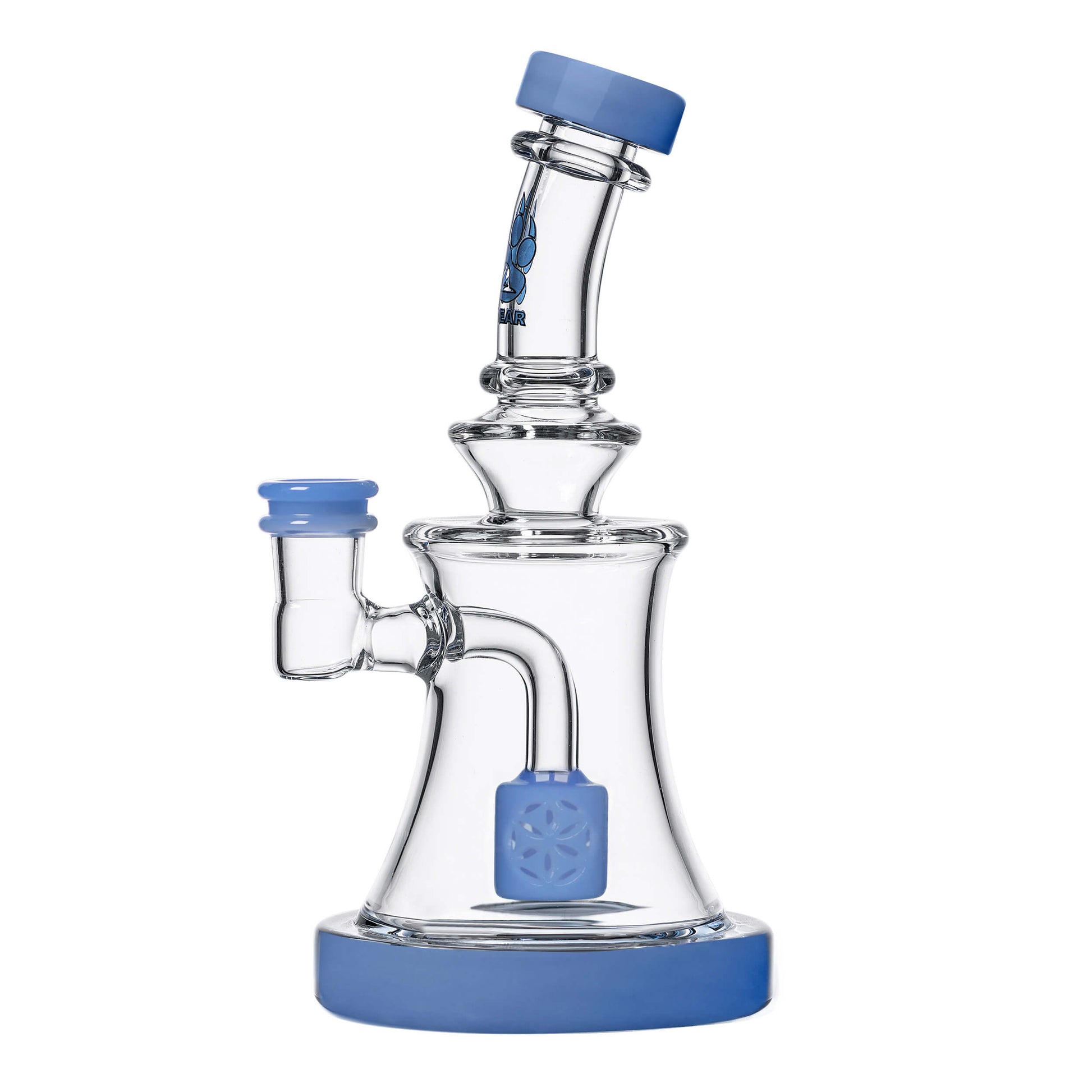 Calibear Milky Blue SOL Dab Rig with dual Seed of Life percs, 6.1 inch compact borosilicate glass body, and matching color accents