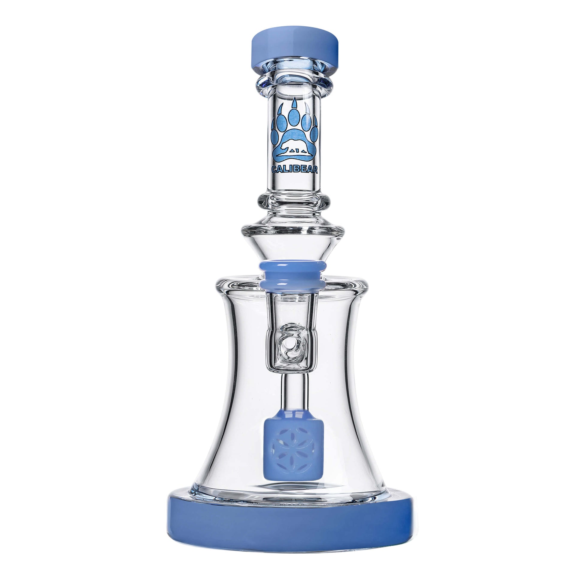 Calibear Milky Blue SOL Dab Rig with dual Seed of Life percs, 6.1 inch compact borosilicate glass body, and matching color accents