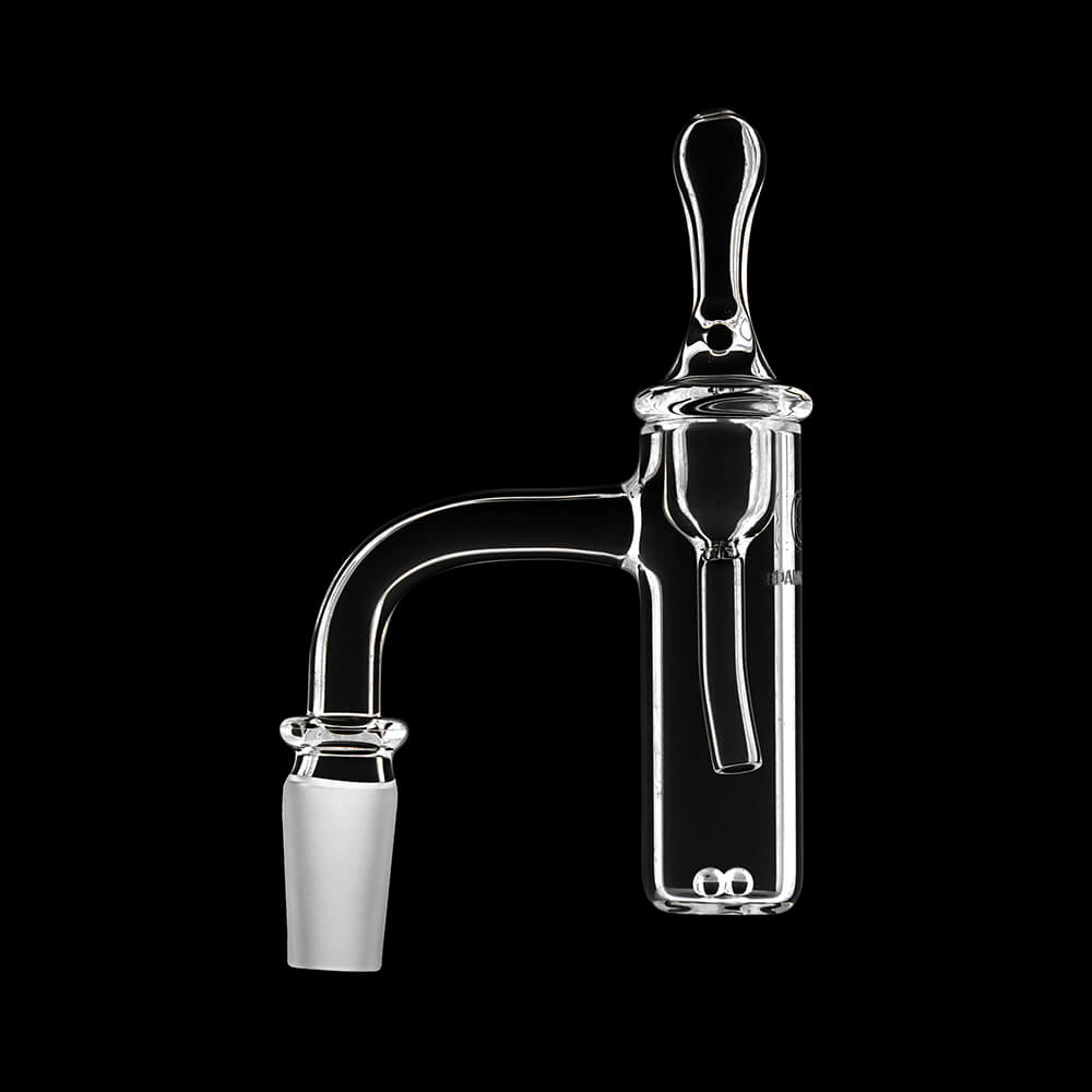Calibear premium seamless quartz banger with a flat bottom design and a precision directional airflow carb cap for cold start dabbing.